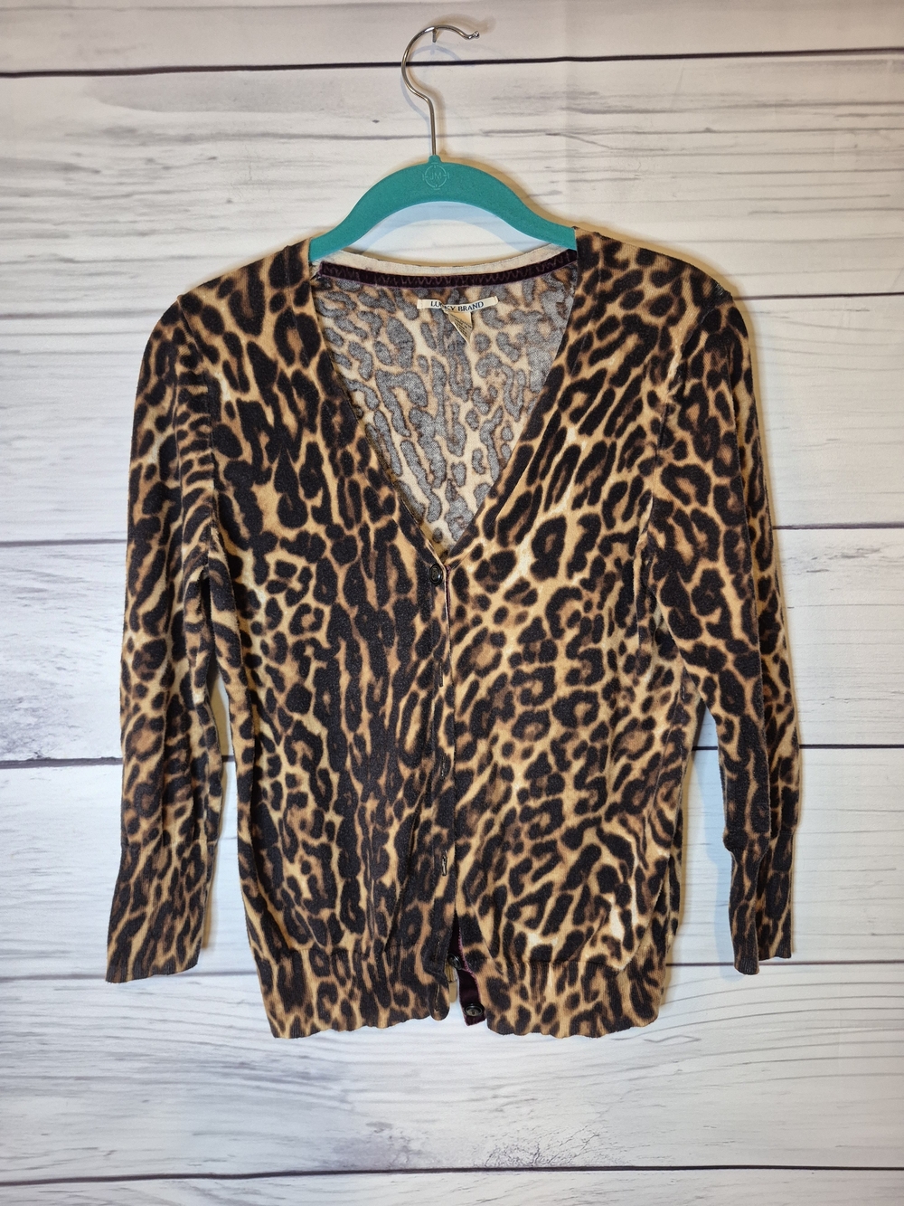 Lucky Brand Leopard Print V-Neck Cardigan - Brown/Black M
